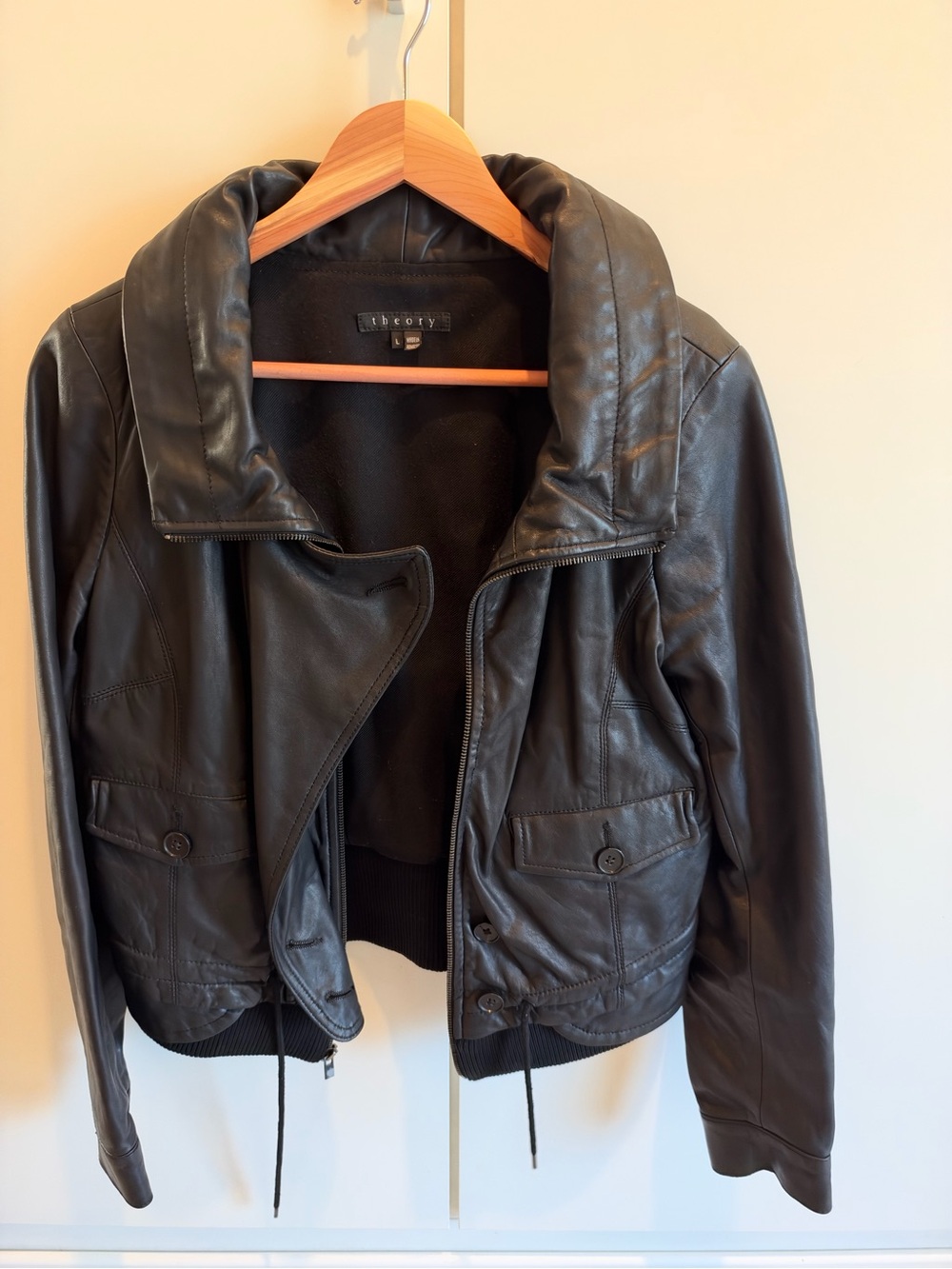 Theory Black Leather Jacket with Padded Funnel Collar